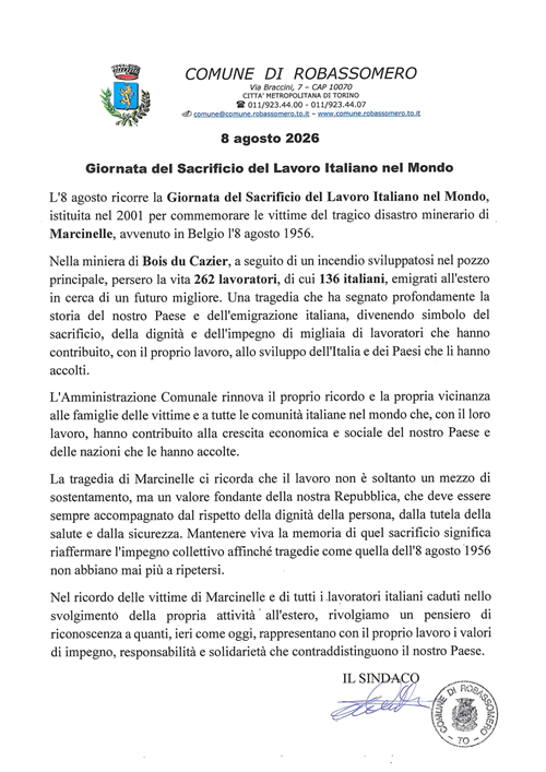 8 Agosto 2026 - Giornata del Sacrificio del Lavoro Italiano nel Mondo